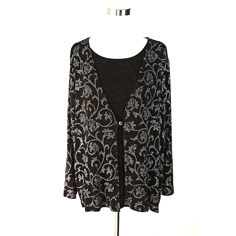 NOTATIONS Knit Party Top Sz. 1X Double Front Long Sl. Black Sparkling Leaves #04